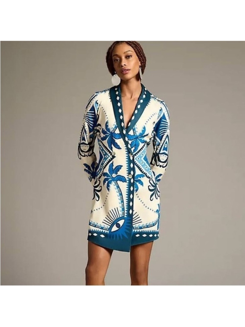 Farm Rio Evil Eye New with Tags XS Cream and Blue Printed Open Front Cardigan